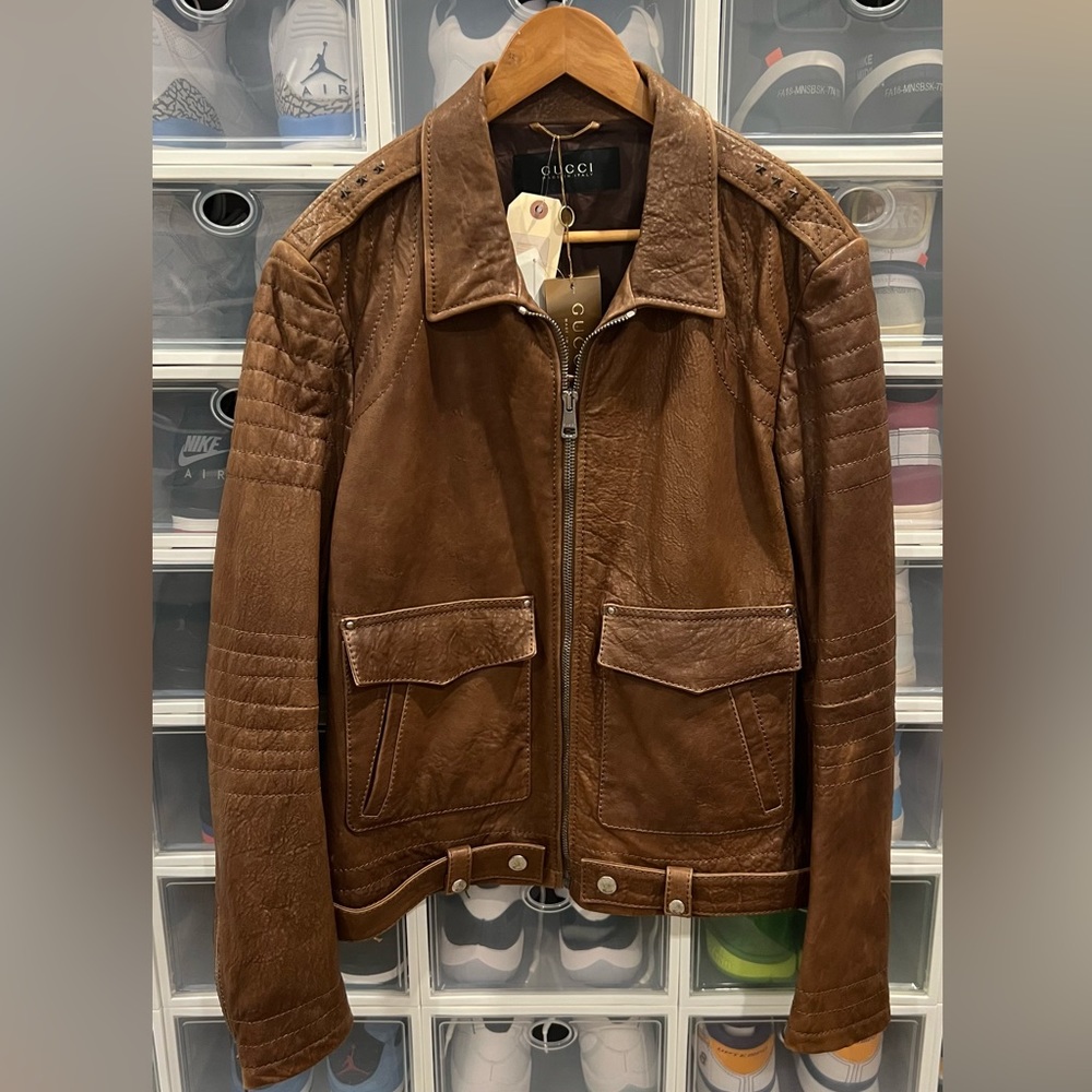 Gucci Embroidered Leather Biker Jacket size 54